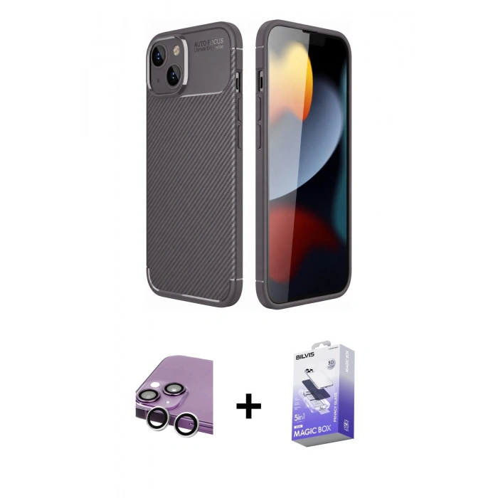 MARSİLYAN™- iPhone 14 Kılıf Eksen Form Prime - Siyah Bilvis 5in1 5D Magic Hayalet Cam Ekran Koruyucu + Raze Metal Kamera Lens - GS