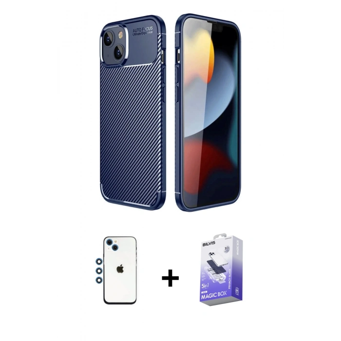 MARSİLYAN™- iPhone 14 Kılıf Eksen Form Prime - Siyah Bilvis 5in1 5D Magic Hayalet Cam Ekran Koruyucu + Shine Kamera Lens - MI