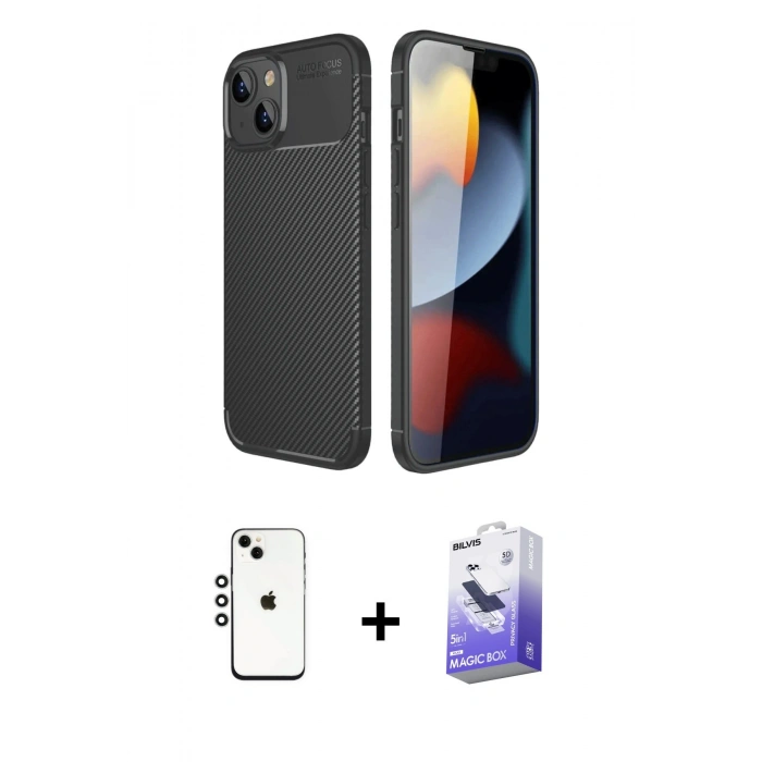 MARSİLYAN™- iPhone 14 Kılıf Eksen Form Prime - Siyah Bilvis 5in1 5D Magic Hayalet Cam Ekran Koruyucu + Shine Kamera Lens - GS