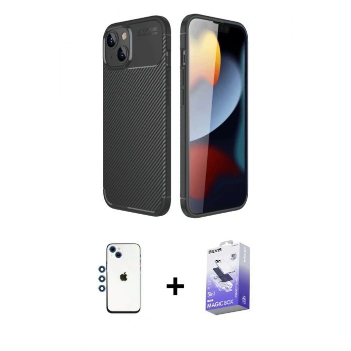 MARSİLYAN™- iPhone 14 Kılıf Eksen Form Prime - Siyah Bilvis 5in1 5D Magic Hayalet Cam Ekran Koruyucu + Shine Kamera Lens - MI