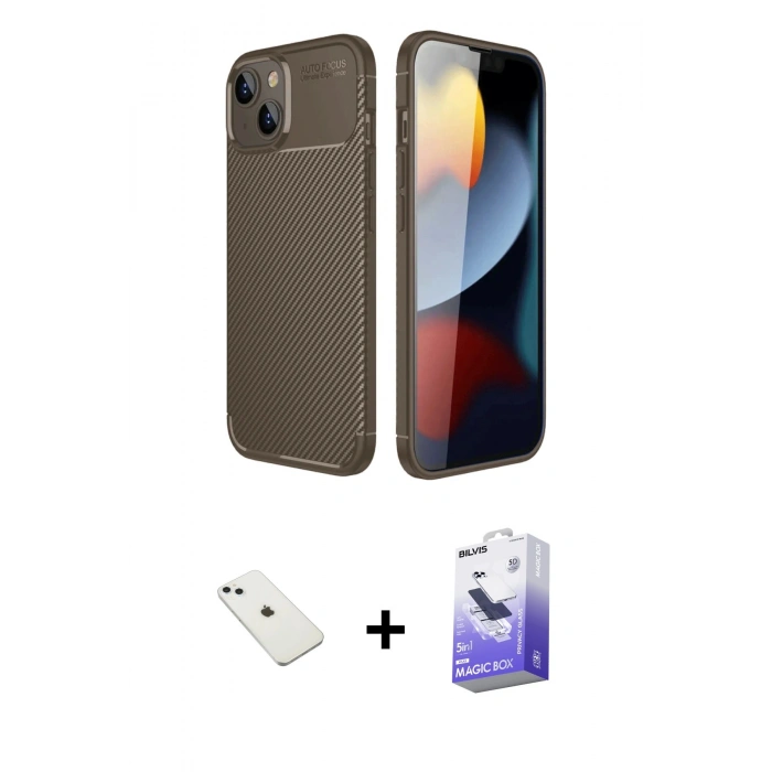 MARSİLYAN™- iPhone 14 Kılıf Eksen Form Prime - Siyah Bilvis 5in1 5D Magic Hayalet Cam Ekran Koruyucu + Diamond Kamera Lens - SABE