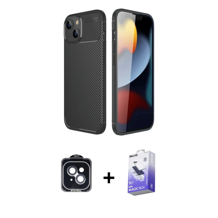 MARSİLYAN™- iPhone 14 Kılıf Eksen Form Prime - Siyah Bilvis 5in1 5D Magic Hayalet Cam Ekran Koruyucu + PVD Metal Kamera Lens - SH
