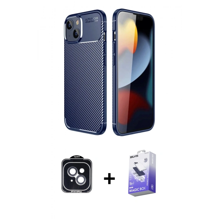 MARSİLYAN™- iPhone 14 Kılıf Eksen Form Prime - Siyah Bilvis 5in1 5D Magic Hayalet Cam Ekran Koruyucu + PVD Metal Kamera Lens - SH