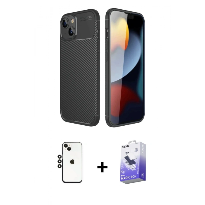 MARSİLYAN™- iPhone 14 Kılıf Eksen Form Prime - Siyah Bilvis 5in1 5D Magic Hayalet Cam Ekran Koruyucu + Shine Kamera Lens - SH