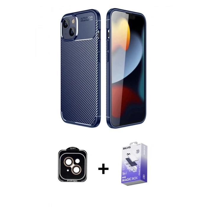 MARSİLYAN™- iPhone 14 Kılıf Eksen Form Prime - Siyah Bilvis 5in1 5D Magic Hayalet Cam Ekran Koruyucu + PVD Metal Kamera Lens - TU