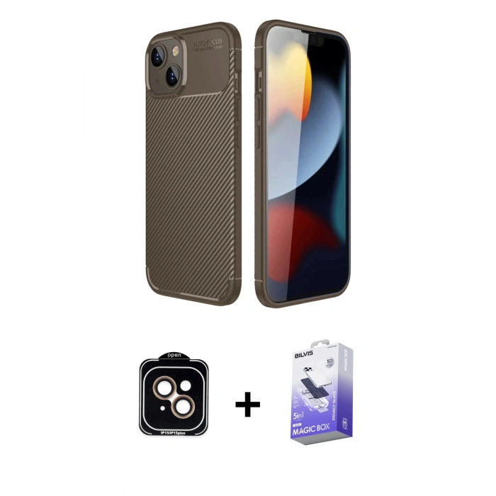 MARSİLYAN™- iPhone 14 Kılıf Eksen Form Prime - Siyah Bilvis 5in1 5D Magic Hayalet Cam Ekran Koruyucu + PVD Metal Kamera Lens - TU