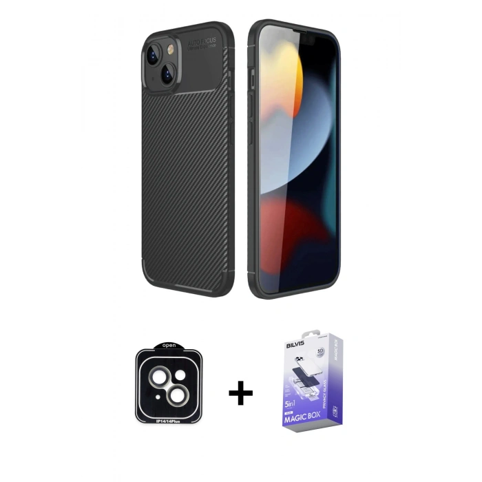 MARSİLYAN™- iPhone 14 Kılıf Eksen Form Prime - Siyah Bilvis 5in1 5D Magic Hayalet Cam Ekran Koruyucu + Yeşil PVD Metal Kamera Lens