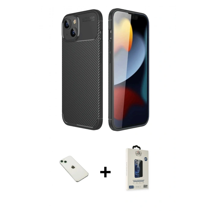 MARSİLYAN™- iPhone 14 Kılıf Eksen Form Prime - Siyah Bilvis Hayalet Cam Ekran Koruyucu + Diamond Kamera Lens - YL