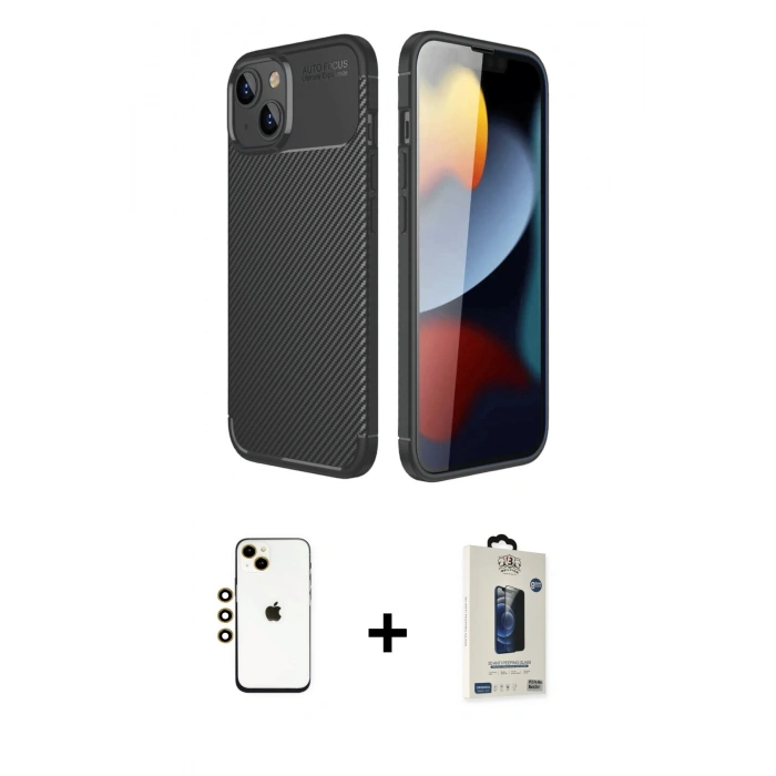 MARSİLYAN™- iPhone 14 Kılıf Eksen Form Prime - Siyah Bilvis Hayalet Cam Ekran Koruyucu + Shine Kamera Lens - GD