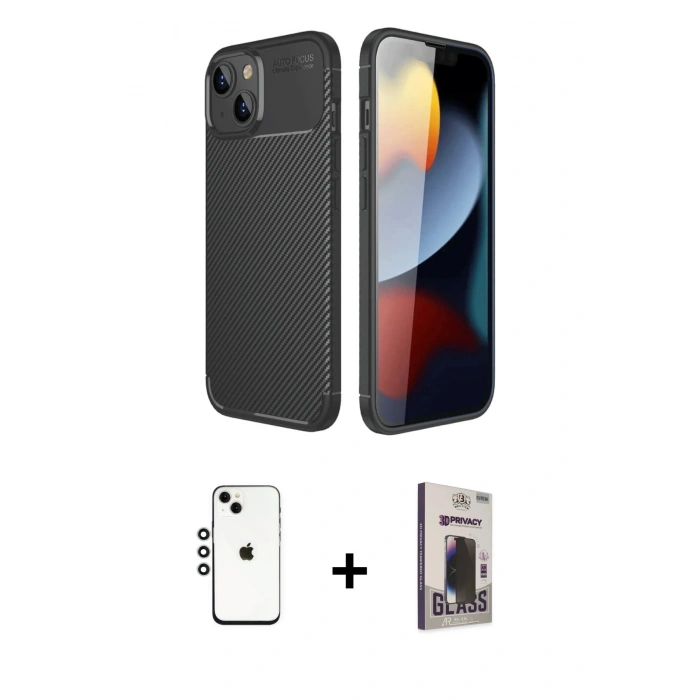 MARSİLYAN™- iPhone 14 Kılıf Eksen Form Prime - Siyah Bilvis Hayalet Cam Ekran Koruyucu + Shine Kamera Lens - GS