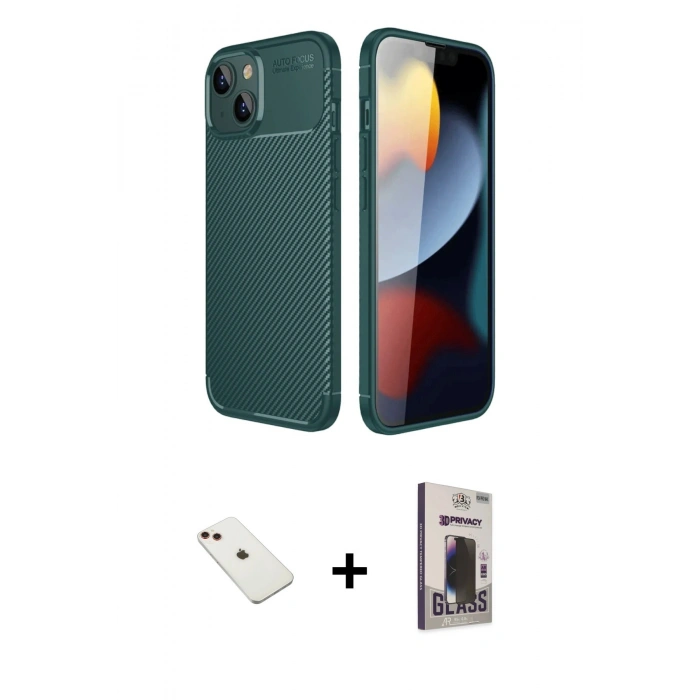 MARSİLYAN™- iPhone 14 Kılıf Eksen Form Prime - Siyah Bilvis Hayalet Cam Ekran Koruyucu + Kırmızı Diamond Kamera Lens