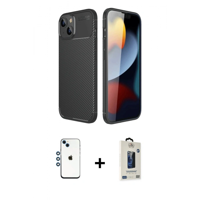 MARSİLYAN™- iPhone 14 Kılıf Eksen Form Prime - Siyah Bilvis Hayalet Cam Ekran Koruyucu + Shine Kamera Lens - MI