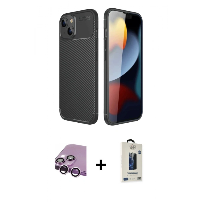 MARSİLYAN™- iPhone 14 Kılıf Eksen Form Prime - Siyah Bilvis Hayalet Cam Ekran Koruyucu + Raze Metal Kamera Lens - MR