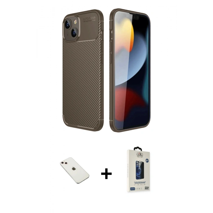 MARSİLYAN™- iPhone 14 Kılıf Eksen Form Prime - Siyah Bilvis Hayalet Cam Ekran Koruyucu + Diamond Kamera Lens - PE