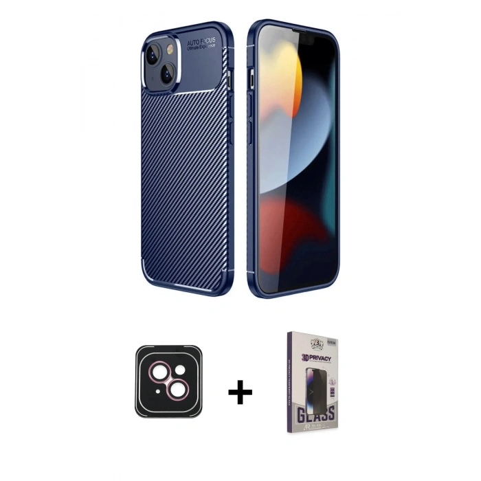 MARSİLYAN™- iPhone 14 Kılıf Eksen Form Prime - Siyah Bilvis Hayalet Cam Ekran Koruyucu + PVD Metal Kamera Lens - PE