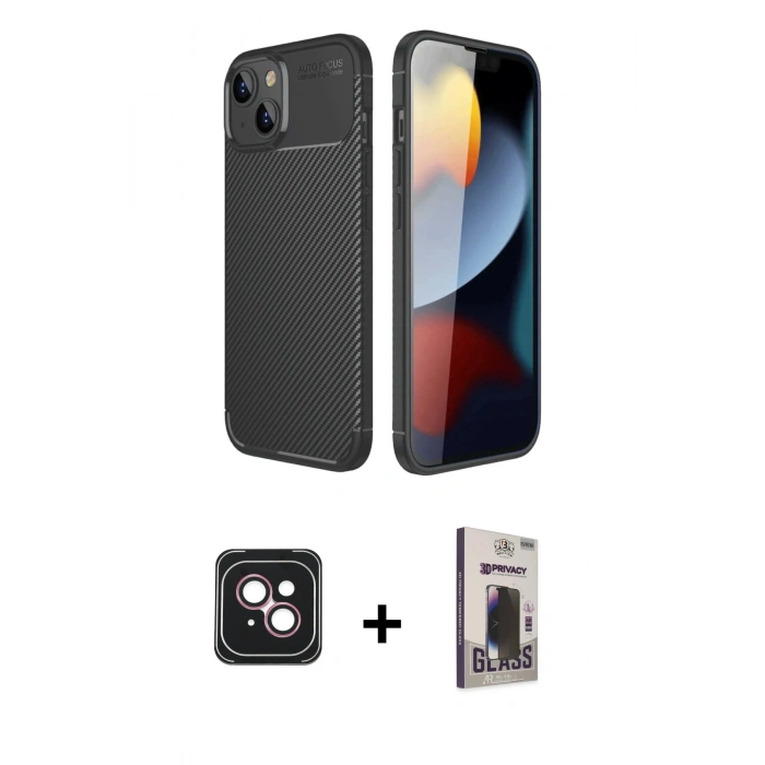 MARSİLYAN™- iPhone 14 Kılıf Eksen Form Prime - Siyah Bilvis Hayalet Cam Ekran Koruyucu + PVD Metal Kamera Lens - PE