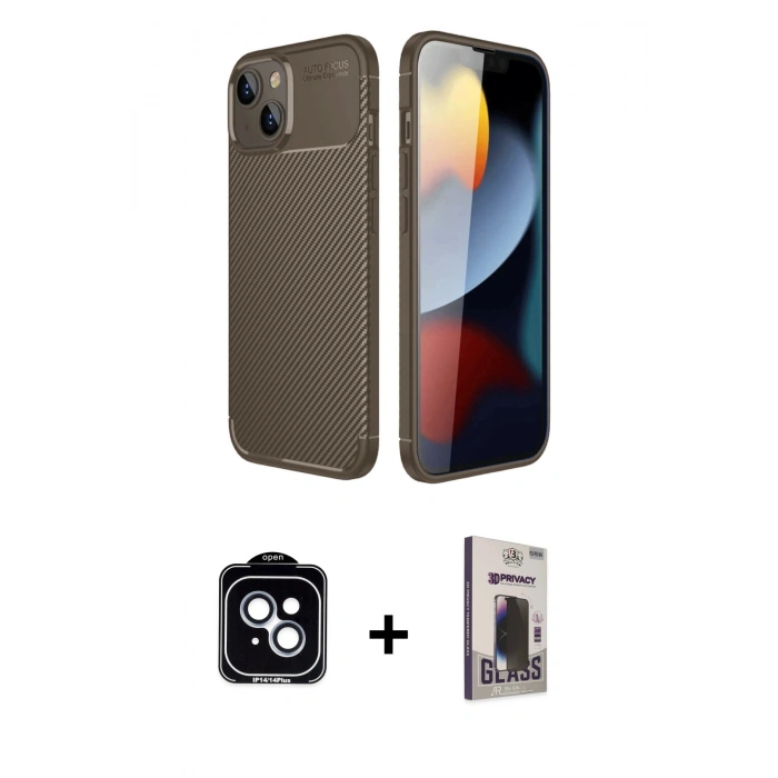 MARSİLYAN™- iPhone 14 Kılıf Eksen Form Prime - Siyah Bilvis Hayalet Cam Ekran Koruyucu + PVD Metal Kamera Lens - MI