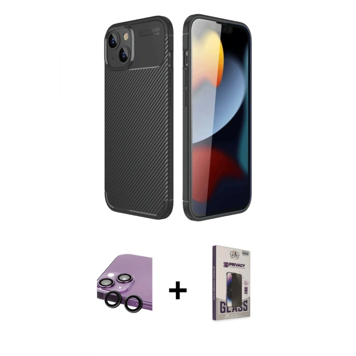 MARSİLYAN™- iPhone 14 Kılıf Eksen Form Prime - Siyah Bilvis Hayalet Cam Ekran Koruyucu + Raze Metal Kamera Lens - SH