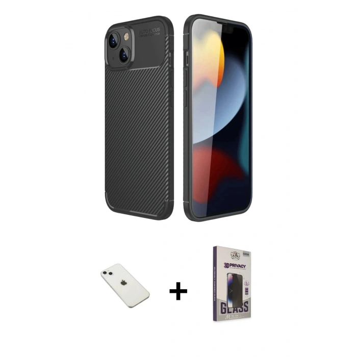 MARSİLYAN™- iPhone 14 Kılıf Eksen Form Prime - Siyah Bilvis Hayalet Cam Ekran Koruyucu + Diamond Kamera Lens - SABE