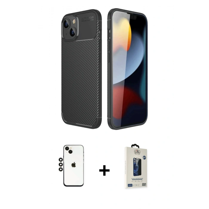 MARSİLYAN™- iPhone 14 Kılıf Eksen Form Prime - Siyah Bilvis Hayalet Cam Ekran Koruyucu + Shine Kamera Lens - SH