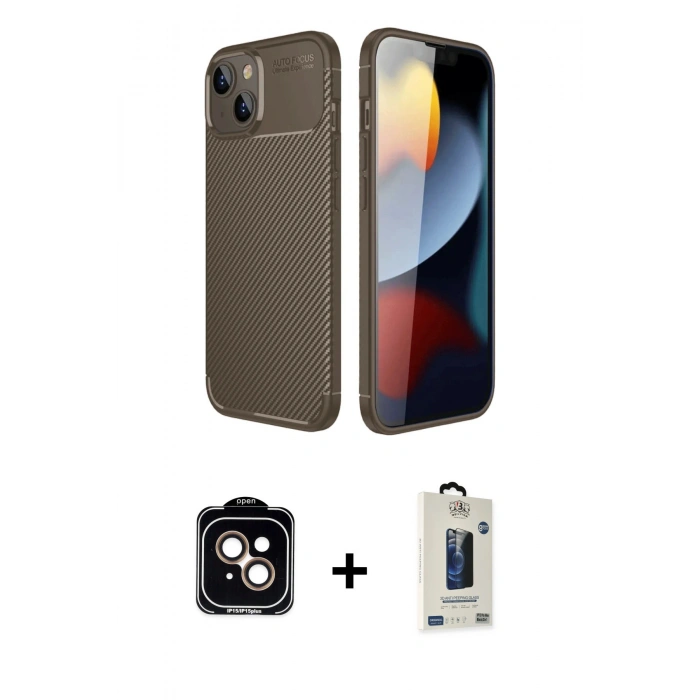 MARSİLYAN™- iPhone 14 Kılıf Eksen Form Prime - Siyah Bilvis Hayalet Cam Ekran Koruyucu + PVD Metal Kamera Lens - TU