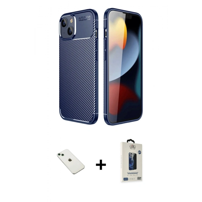 MARSİLYAN™- iPhone 14 Kılıf Eksen Form Prime - Siyah Bilvis Hayalet Cam Ekran Koruyucu + Diamond Kamera Lens - YL