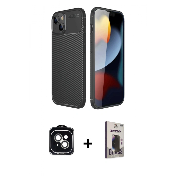 MARSİLYAN™- iPhone 14 Kılıf Eksen Form Prime - Siyah Bilvis Hayalet Cam Ekran Koruyucu + PVD Metal Kamera Lens - YL