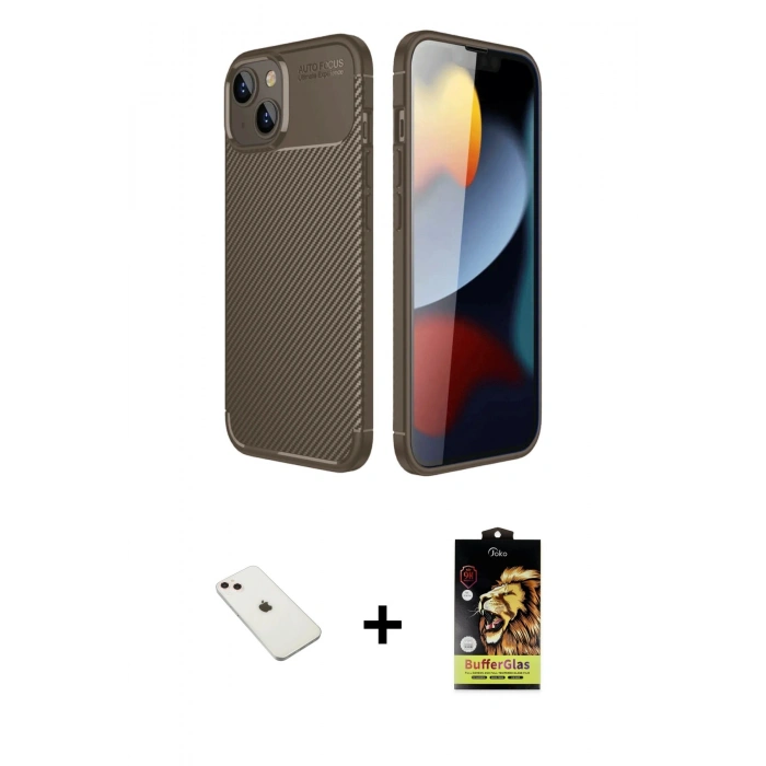 MARSİLYAN™- iPhone 14 Kılıf Eksen Form Prime - Siyah Buffer Cam Ekran Koruyucu + Diamond Kamera Lens - PE