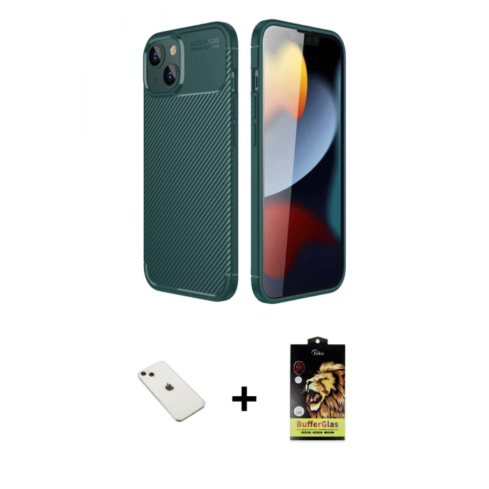 MARSİLYAN™- iPhone 14 Kılıf Eksen Form Prime - Siyah Buffer Cam Ekran Koruyucu + Diamond Kamera Lens - PE