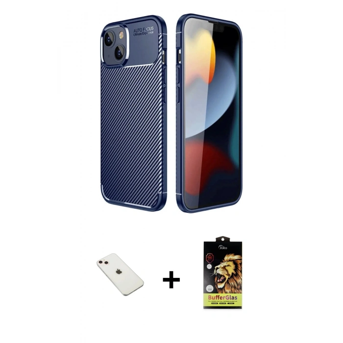 MARSİLYAN™- iPhone 14 Kılıf Eksen Form Prime - Siyah Buffer Cam Ekran Koruyucu + Diamond Kamera Lens - PE