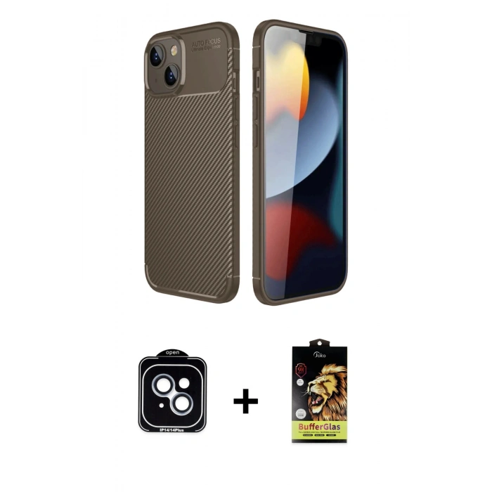 MARSİLYAN™- iPhone 14 Kılıf Eksen Form Prime - Siyah Buffer Cam Ekran Koruyucu + Mavi PVD Metal Kamera Lens
