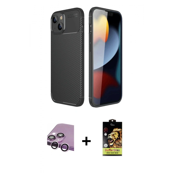 MARSİLYAN™- iPhone 14 Kılıf Eksen Form Prime - Siyah Buffer Cam Ekran Koruyucu + Raze Metal Kamera Lens - MR