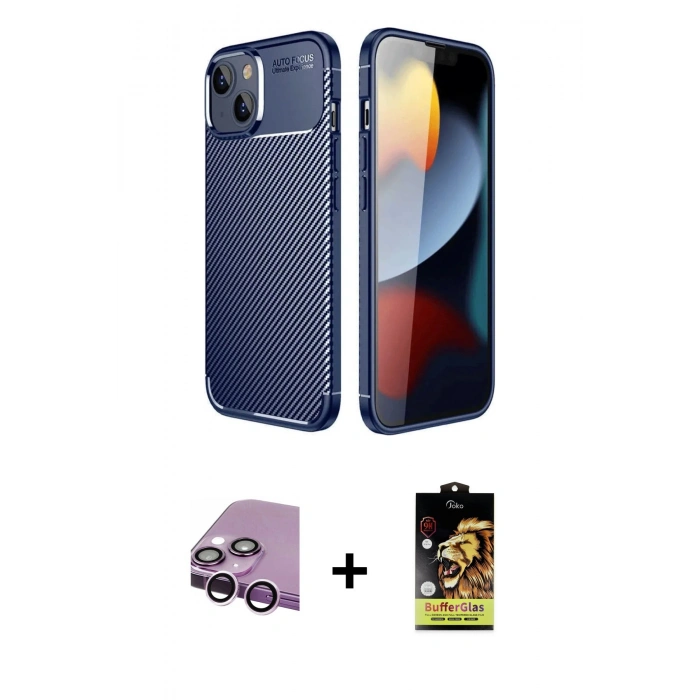 MARSİLYAN™- iPhone 14 Kılıf Eksen Form Prime - Siyah Buffer Cam Ekran Koruyucu + Raze Metal Kamera Lens - MR