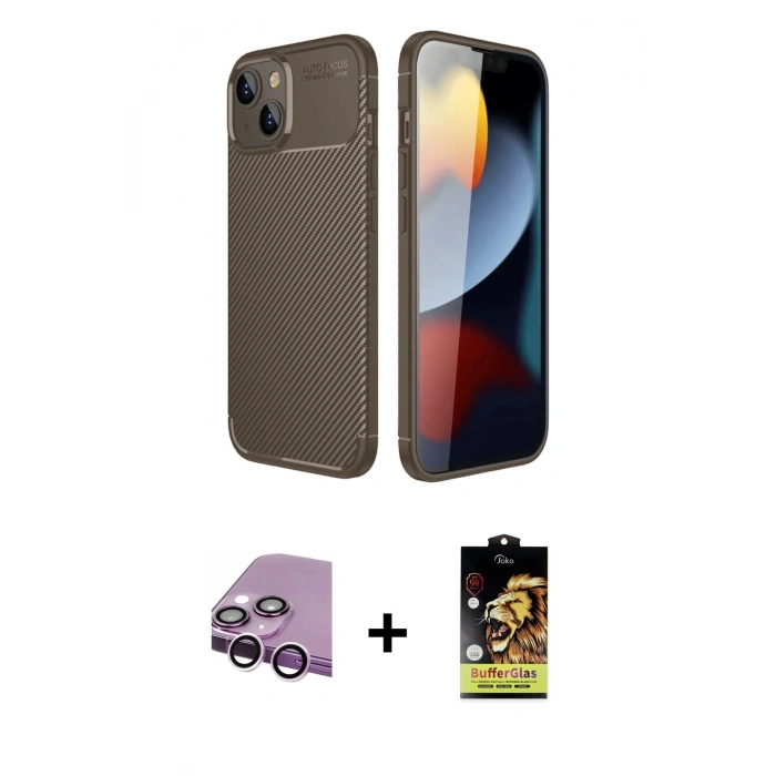 MARSİLYAN™- iPhone 14 Kılıf Eksen Form Prime - Siyah Buffer Cam Ekran Koruyucu + Raze Metal Kamera Lens - MR