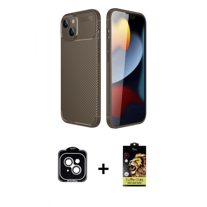 MARSİLYAN™- iPhone 14 Kılıf Eksen Form Prime - Siyah Buffer Cam Ekran Koruyucu + PVD Metal Kamera Lens - GS