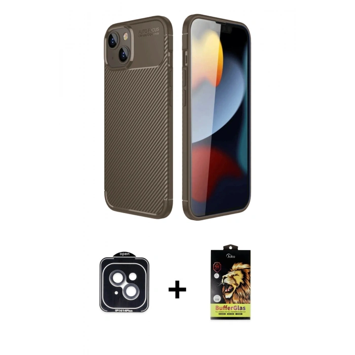 MARSİLYAN™- iPhone 14 Kılıf Eksen Form Prime - Siyah Buffer Cam Ekran Koruyucu + PVD Metal Kamera Lens - SH
