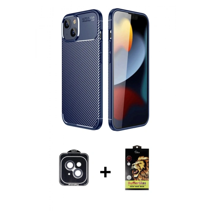 MARSİLYAN™- iPhone 14 Kılıf Eksen Form Prime - Siyah Buffer Cam Ekran Koruyucu + PVD Metal Kamera Lens - SH