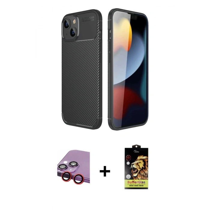 MARSİLYAN™- iPhone 14 Kılıf Eksen Form Prime - Siyah Buffer Cam Ekran Koruyucu + Raze Metal Kamera Lens - KI