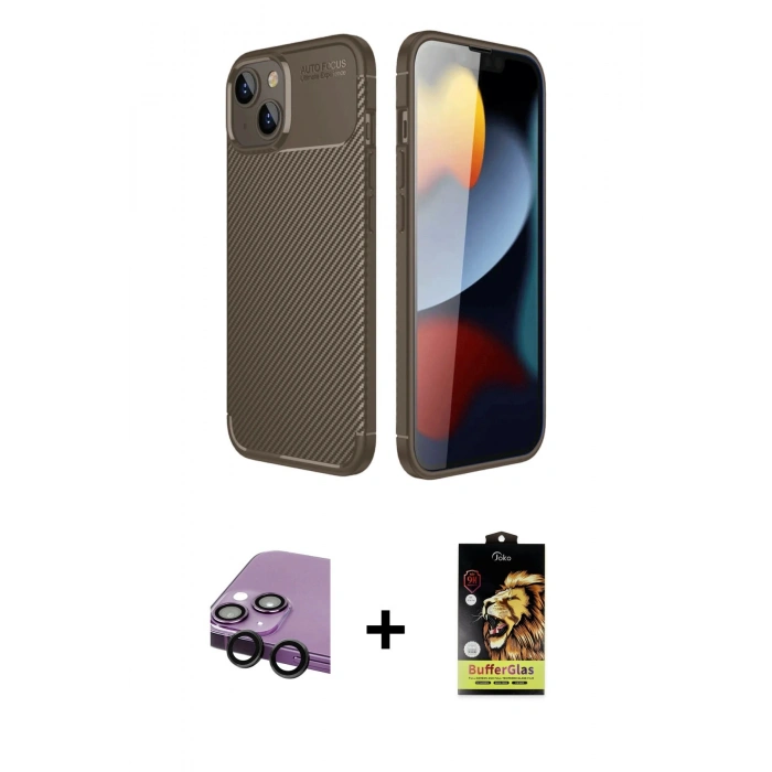 MARSİLYAN™- iPhone 14 Kılıf Eksen Form Prime - Siyah Buffer Cam Ekran Koruyucu + Raze Metal Kamera Lens - SH