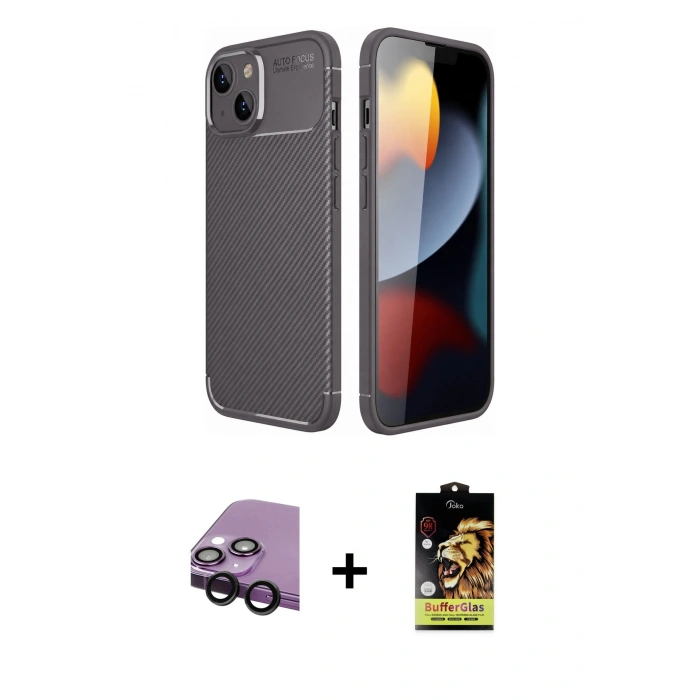 MARSİLYAN™- iPhone 14 Kılıf Eksen Form Prime - Siyah Buffer Cam Ekran Koruyucu + Raze Metal Kamera Lens - SH
