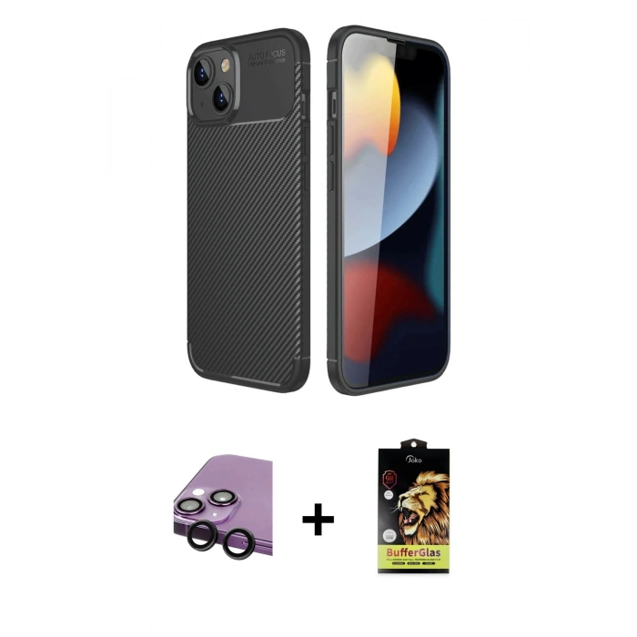 MARSİLYAN™- iPhone 14 Kılıf Eksen Form Prime - Siyah Buffer Cam Ekran Koruyucu + Raze Metal Kamera Lens - SH