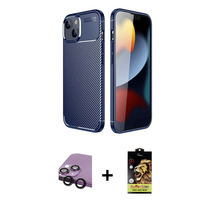 MARSİLYAN™- iPhone 14 Kılıf Eksen Form Prime - Siyah Buffer Cam Ekran Koruyucu + Raze Metal Kamera Lens - SH