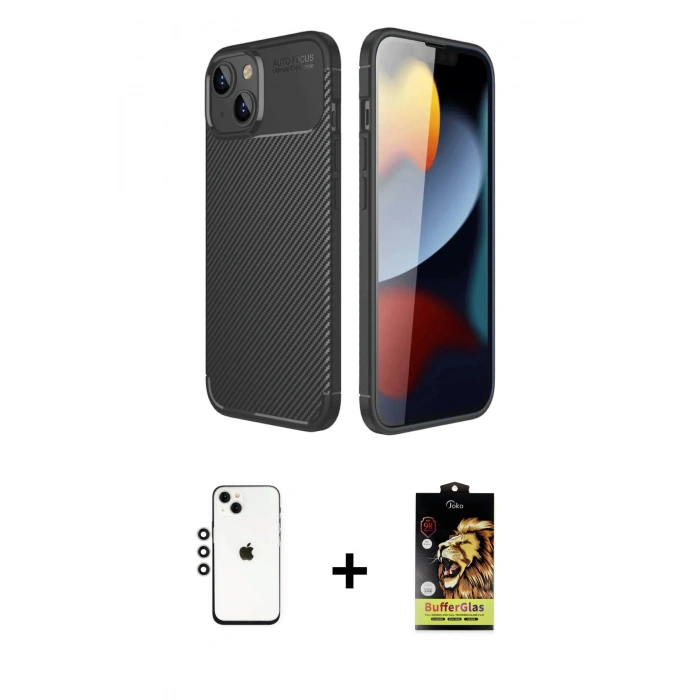 MARSİLYAN™- iPhone 14 Kılıf Eksen Form Prime - Siyah Buffer Cam Ekran Koruyucu + Shine Kamera Lens - GS