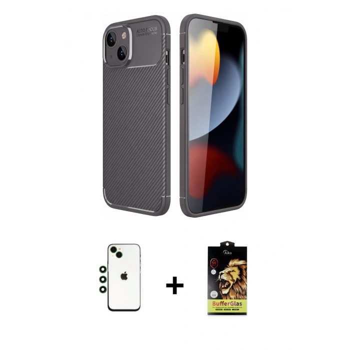 MARSİLYAN™- iPhone 14 Kılıf Eksen Form Prime - Siyah Buffer Cam Ekran Koruyucu + Shine Kamera Lens - YL