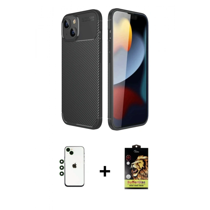 MARSİLYAN™- iPhone 14 Kılıf Eksen Form Prime - Siyah Buffer Cam Ekran Koruyucu + Shine Kamera Lens - YL