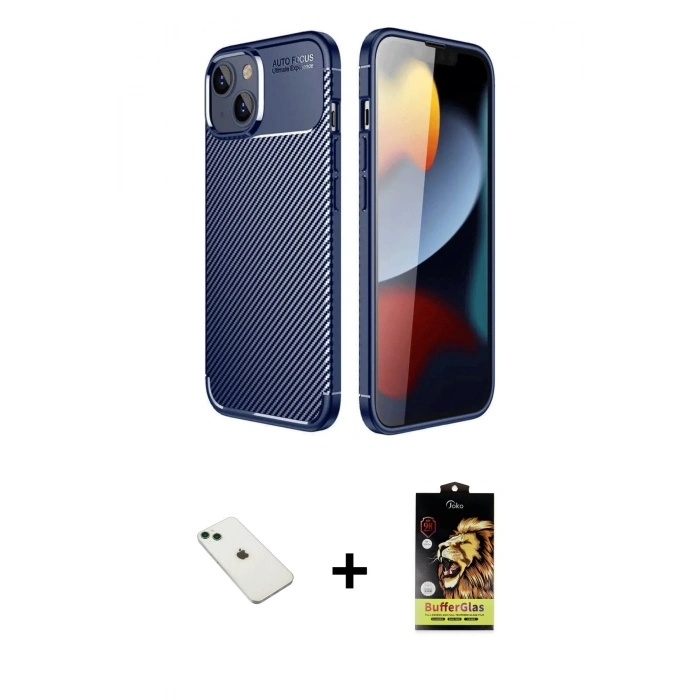 MARSİLYAN™- iPhone 14 Kılıf Eksen Form Prime - Siyah Buffer Cam Ekran Koruyucu + Diamond Kamera Lens - YL