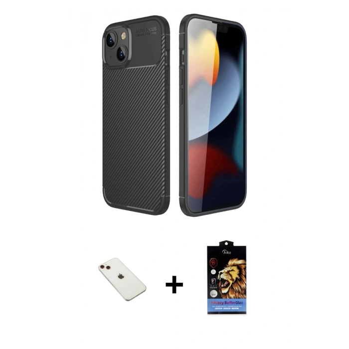 MARSİLYAN™- iPhone 14 Kılıf Eksen Form Prime - Siyah Buffer Hayalet Cam Ekran Koruyucu + Diamond Kamera Lens - KI