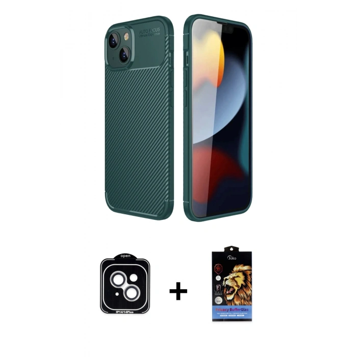 MARSİLYAN™- iPhone 14 Kılıf Eksen Form Prime - Siyah Buffer Hayalet Cam Ekran Koruyucu + Gümüş PVD Metal Kamera Lens