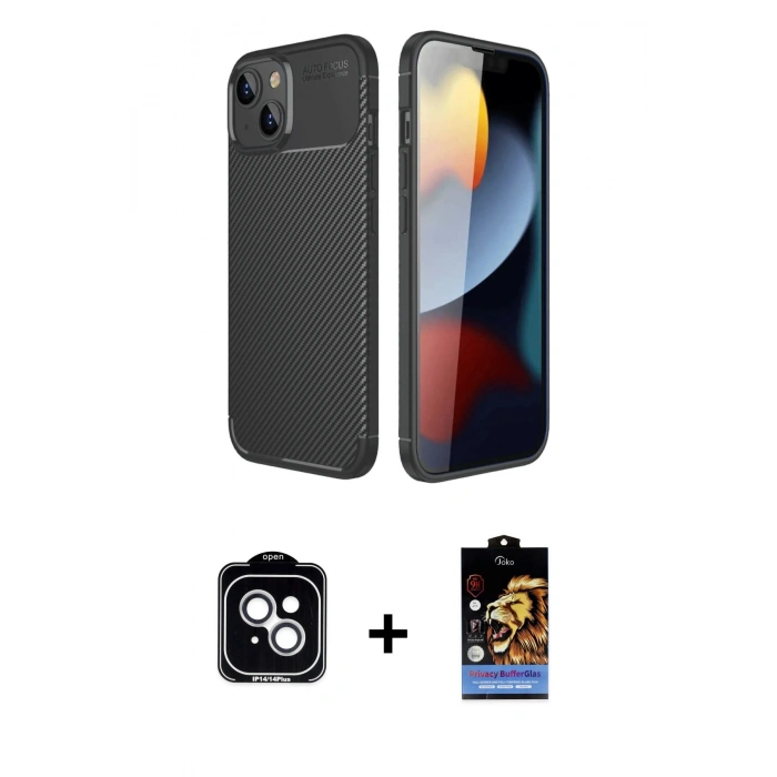 MARSİLYAN™- iPhone 14 Kılıf Eksen Form Prime - Siyah Buffer Hayalet Cam Ekran Koruyucu + Gümüş PVD Metal Kamera Lens