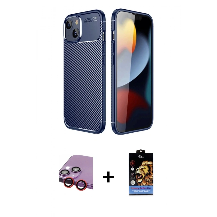 MARSİLYAN™- iPhone 14 Kılıf Eksen Form Prime - Siyah Buffer Hayalet Cam Ekran Koruyucu + Raze Metal Kamera Lens - KI